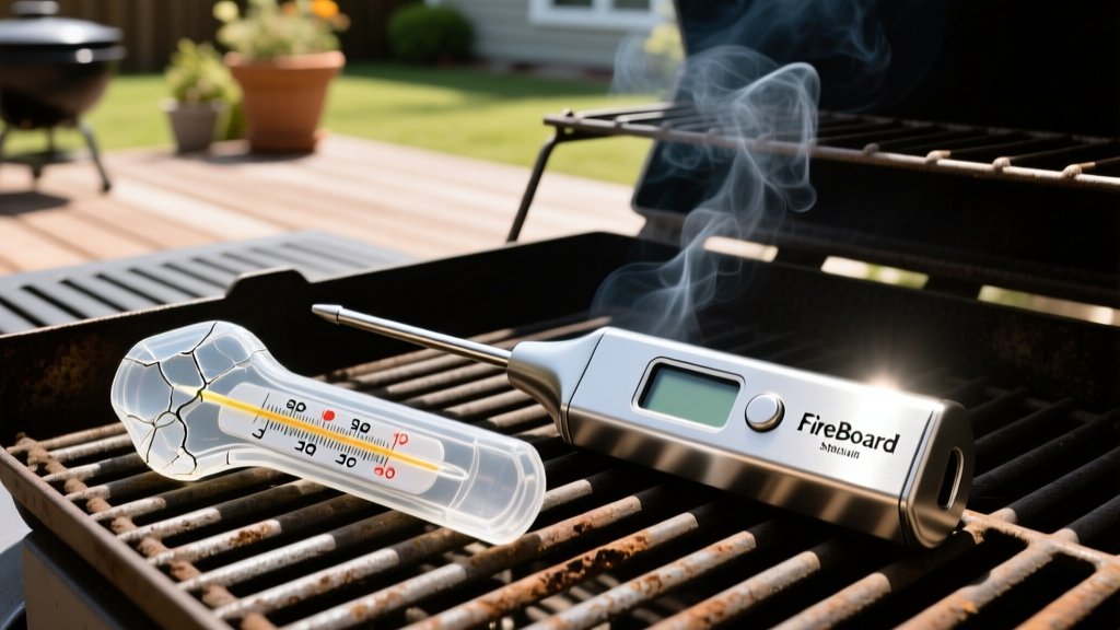 Warped plastic thermometer housing next to a pristine stainless steel FireBoard Spark instant-read thermometer resting on a backyard grill grate.