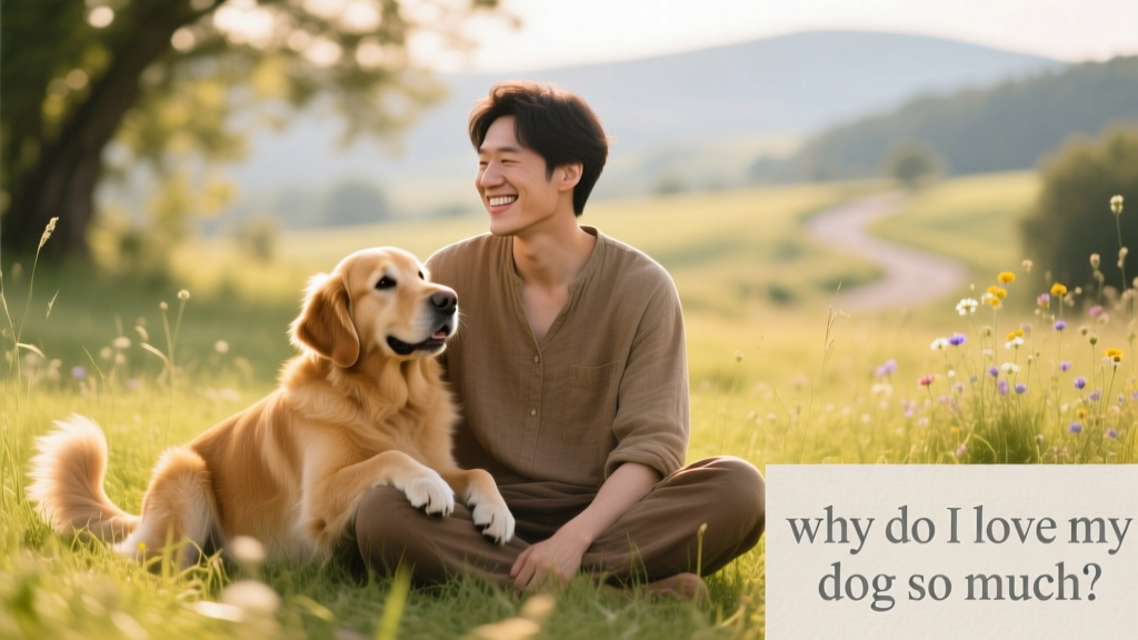 A smiling person sitting cross-legged on grass while their dog leans affectionately against their side