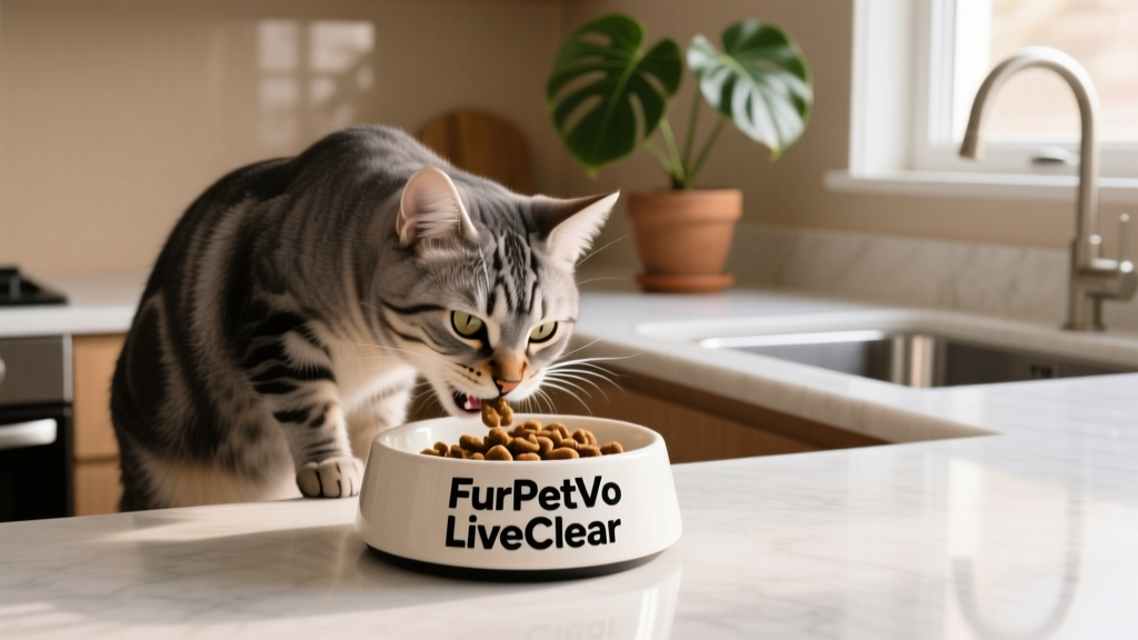 A close-up of a cat eating from a bowl labeled FurPetVo LiveClear, with a clean, minimalist kitchen backdrop