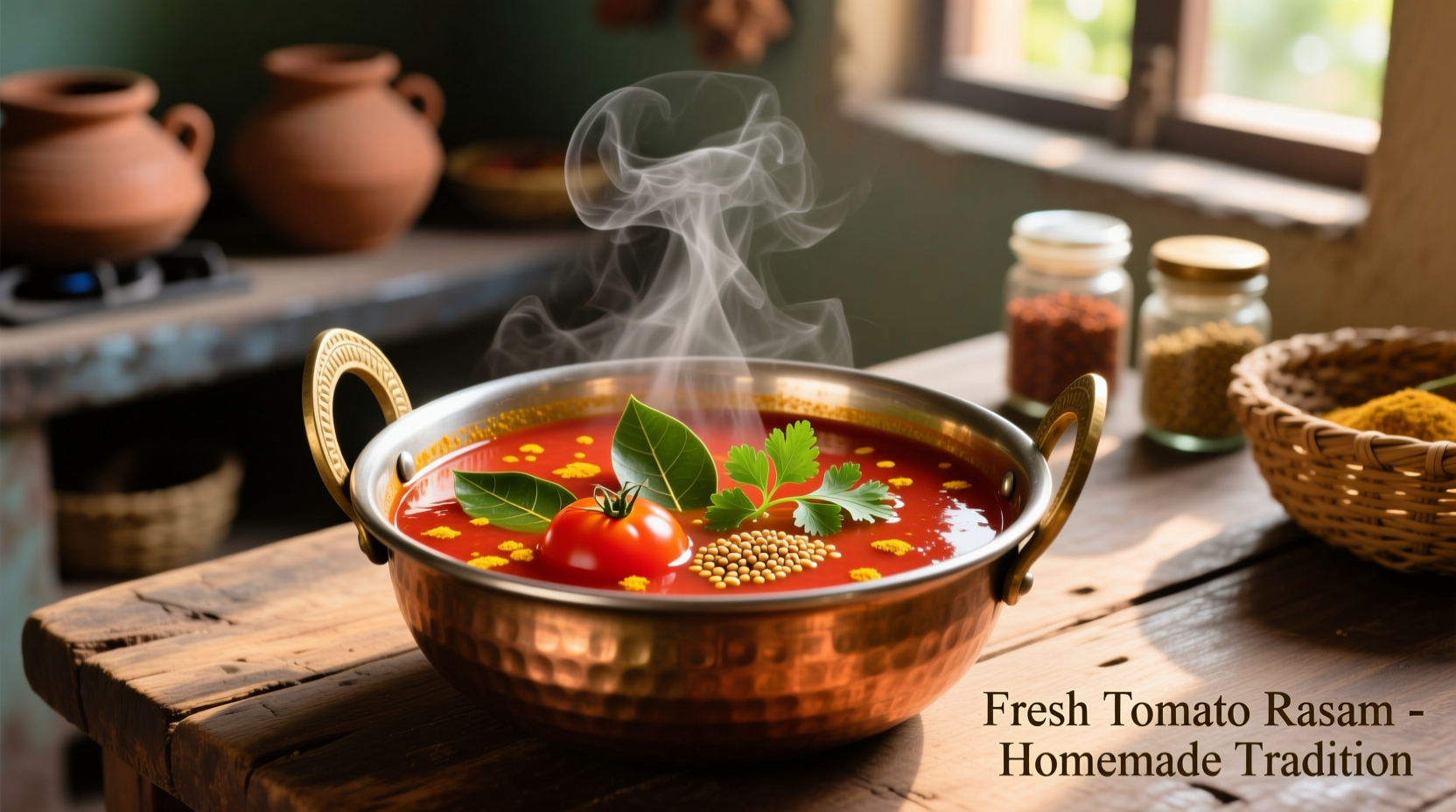 Fresh tomato rasam in traditional brass bowl with ingredients