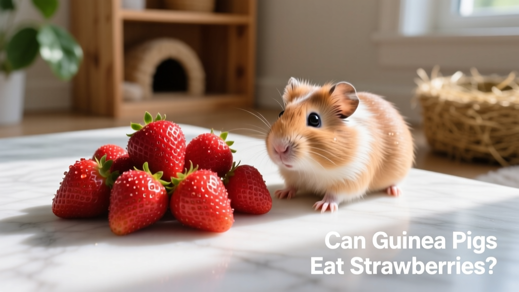 Fresh, whole strawberries on a clean surface next to a small guinea pig