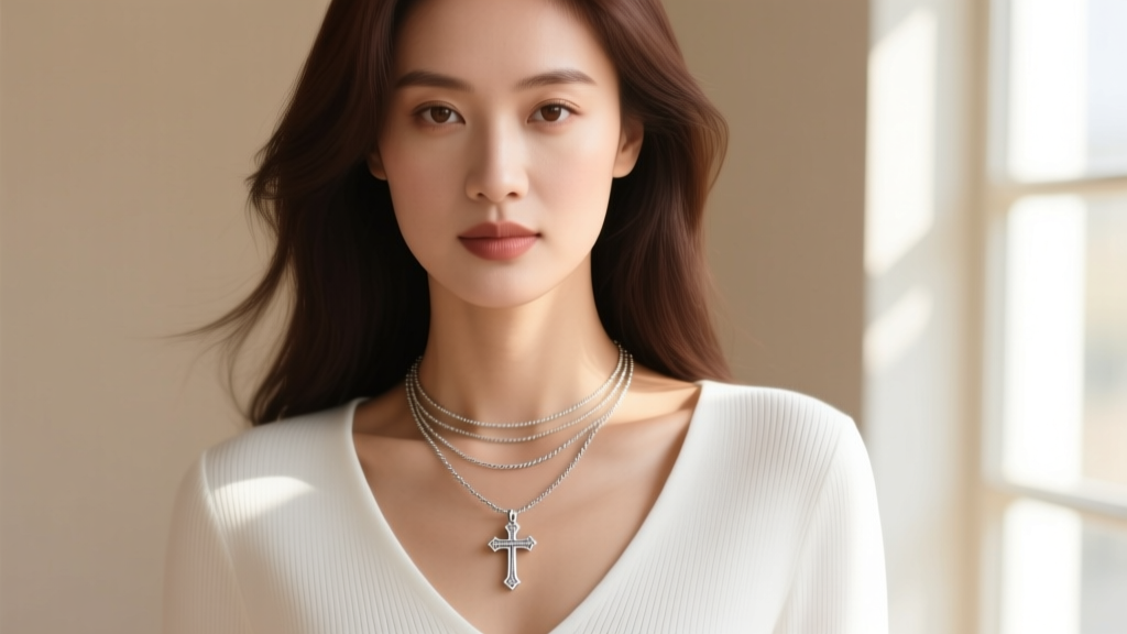 Woman wearing a layered necklace stack featuring a small cross pendant on a 16-inch cable chain over a crisp white v-neck top.
