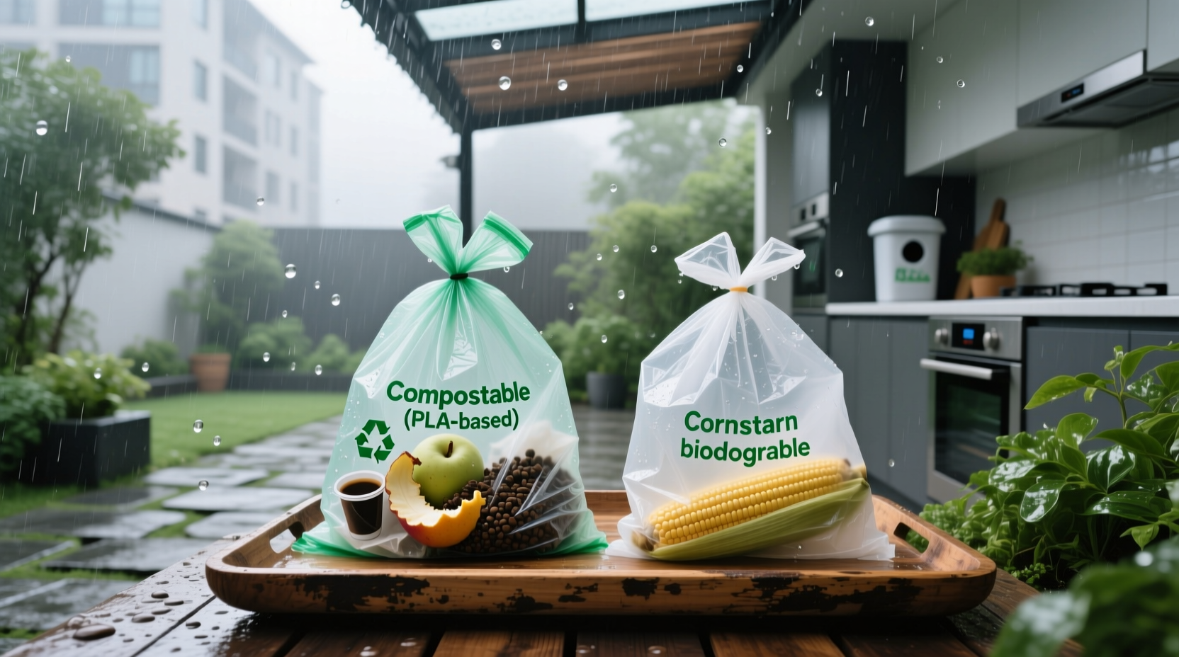 compostable vs cornstarch bags rain resilient disposal