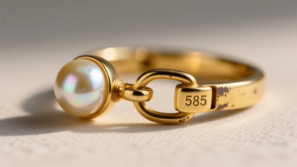 Macro shot of a vintage 14k yellow gold push-pull pearl clasp with safety hook, showing slight patina and a stamped 585 hallmark.