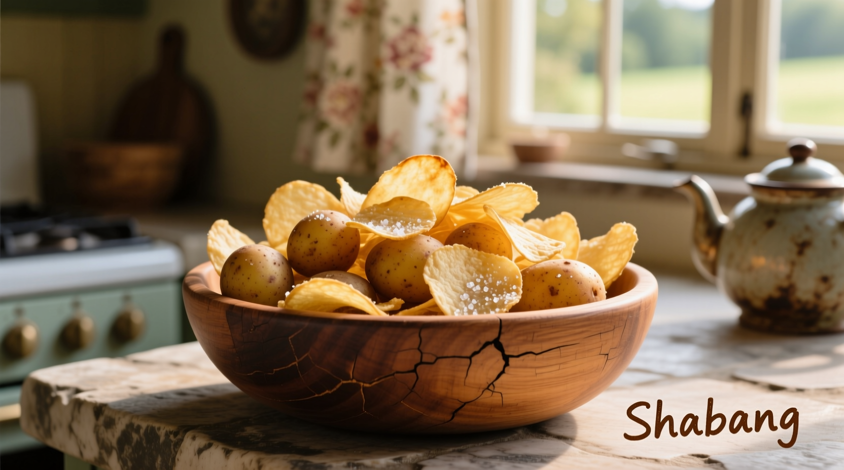 Shabang potato chips arranged in a rustic wooden bowl