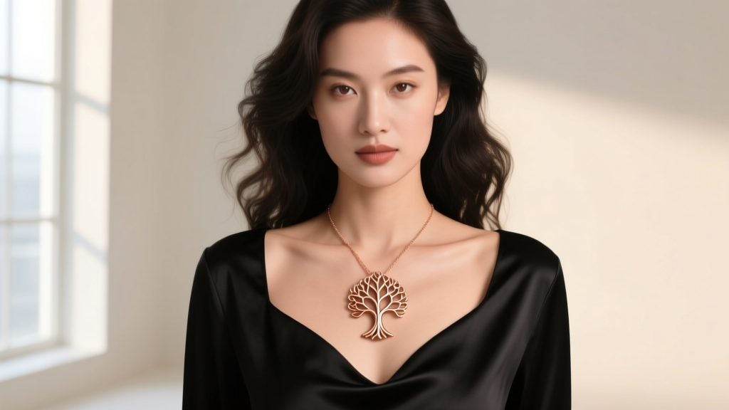 Woman wearing a rose gold necklace tree of life over a black top, showing the pendant resting gracefully on her bare collarbone.
