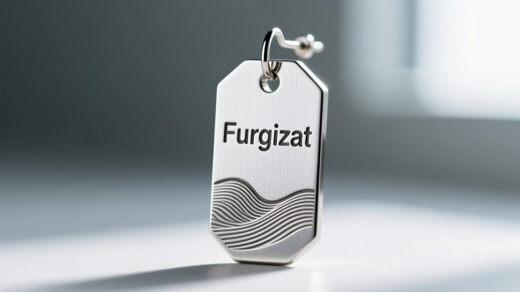 Extreme macro of fiber laser engraved text on a brushed surgical steel tag earring, highlighting contrast and metal grain