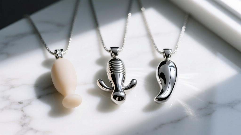 Flat lay of silicone, 316L steel, and sterling silver phallic pendants on white marble surface with soft directional shadows.