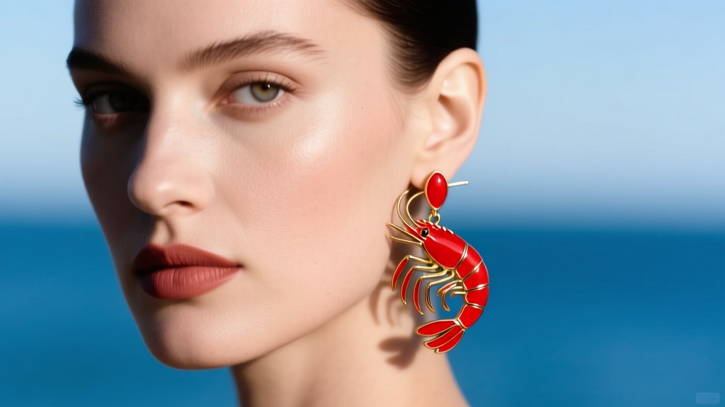 Close-up of a woman wearing vibrant red enameled brass shrimp dangle earrings, studio lighting, blurred ocean-blue background.