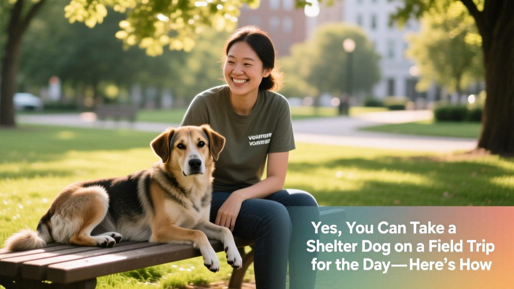 Volunteer smiling beside a relaxed shelter dog sitting on a grassy park bench