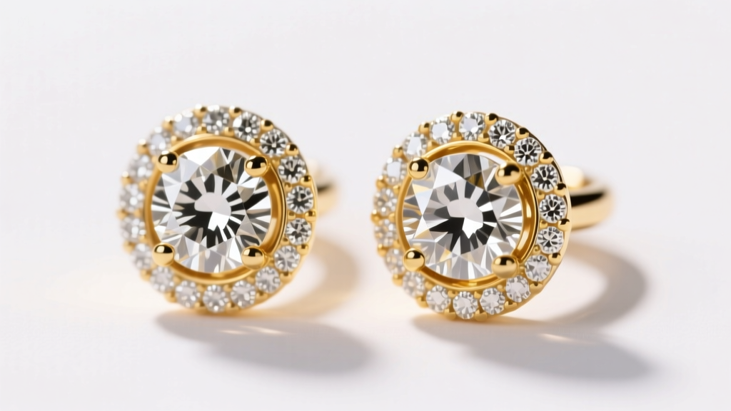 Close-up of 14k yellow gold cluster earrings featuring a central round diamond surrounded by a halo of micro-pave melee stones.