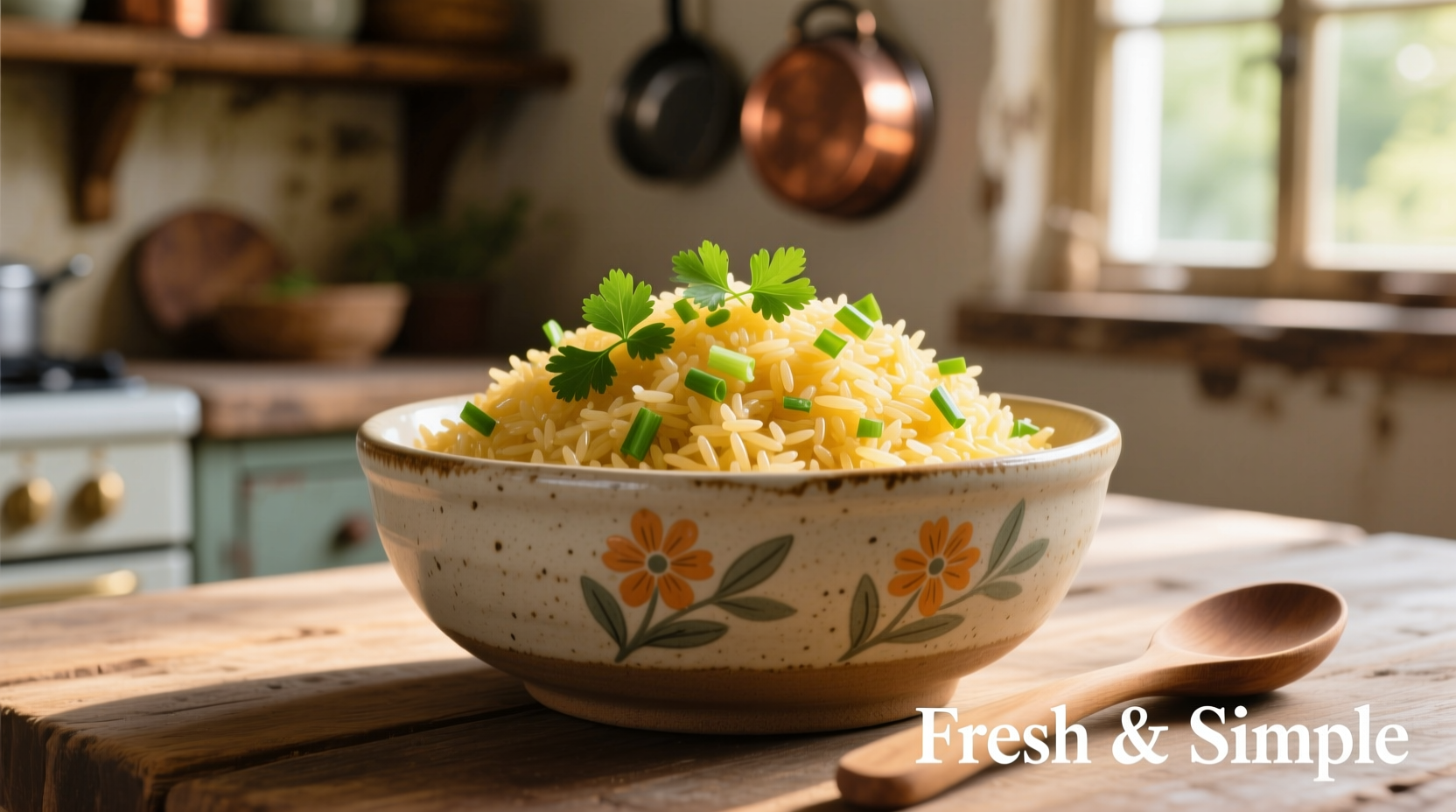 Golden yellow rice in ceramic bowl with fresh herbs