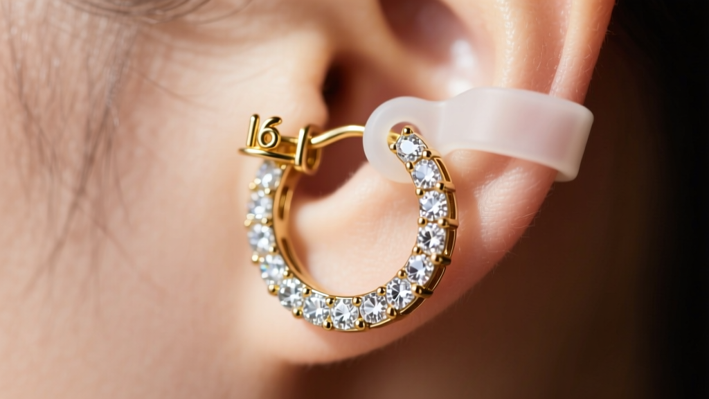 Macro shot of a 16-gauge gold wire clasp on a heavy diamond hoop, showing a clear silicone earring support patch on the lobe