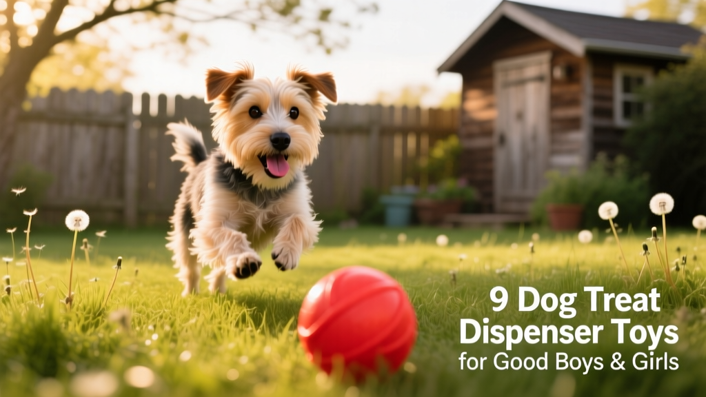 A small terrier mix happily chasing a rolling treat ball across a grassy backyard