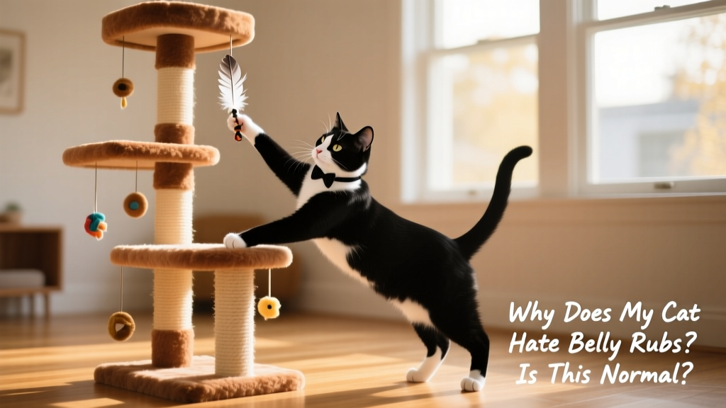 A cat stretching and scratching on a tall, plush FurPetVo cat tree with multiple levels and dangling toys