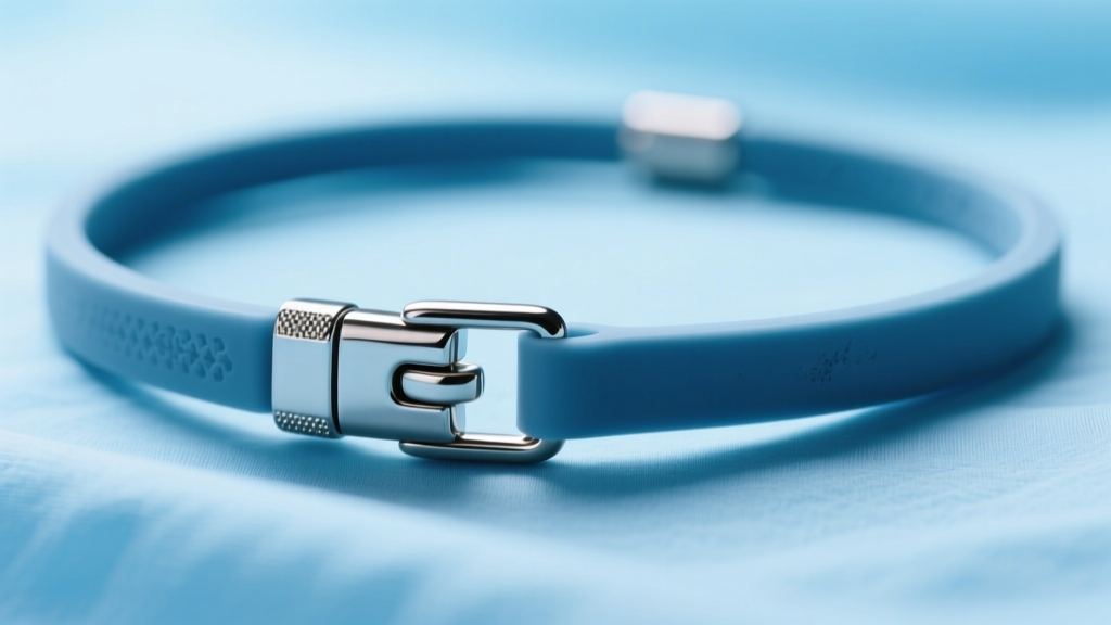 Macro view of a silicone panic necklace and magnetic breakaway clasp resting on a sterile blue drape under bright clinical lighting