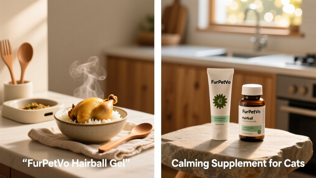 Side-by-side photo showing a clean feeding station with boiled chicken and rice, plus a FurPetVo-branded hairball gel and calming supplement on a quiet, cozy surface