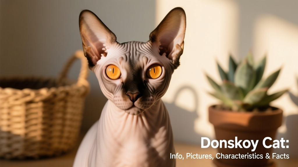 A close-up portrait of a sleek, hairless Donskoy cat gazing warmly at the camera