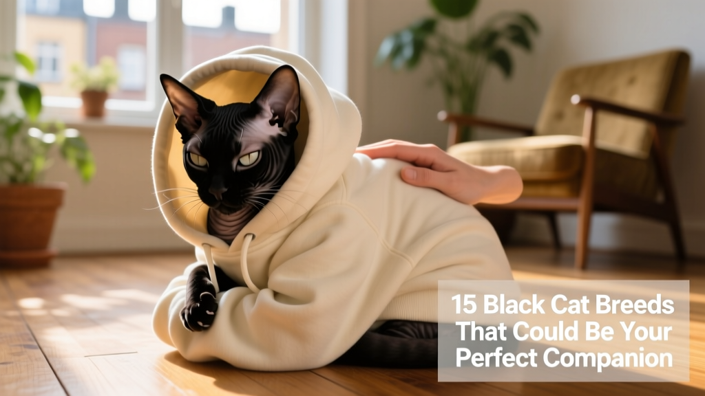 A black Devon Rex cat snuggled deeply into a human’s hoodie hood, eyes half-closed in contentment