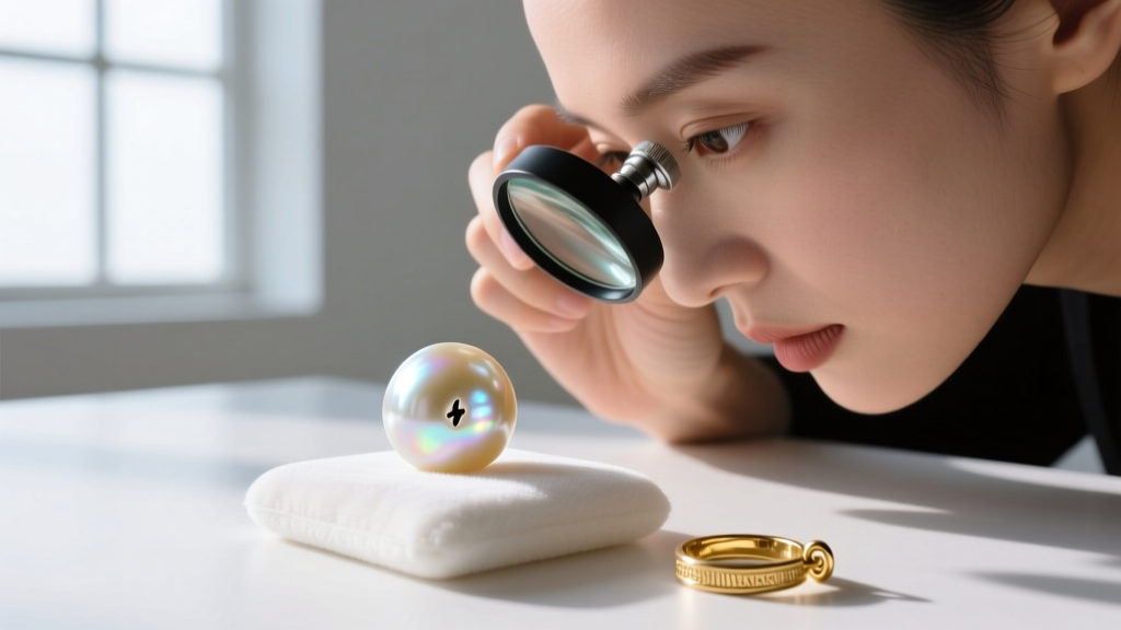 Jeweler using a loupe to inspect the drill hole and nacre thickness of a freshwater coin pearl before setting it into a gold bail