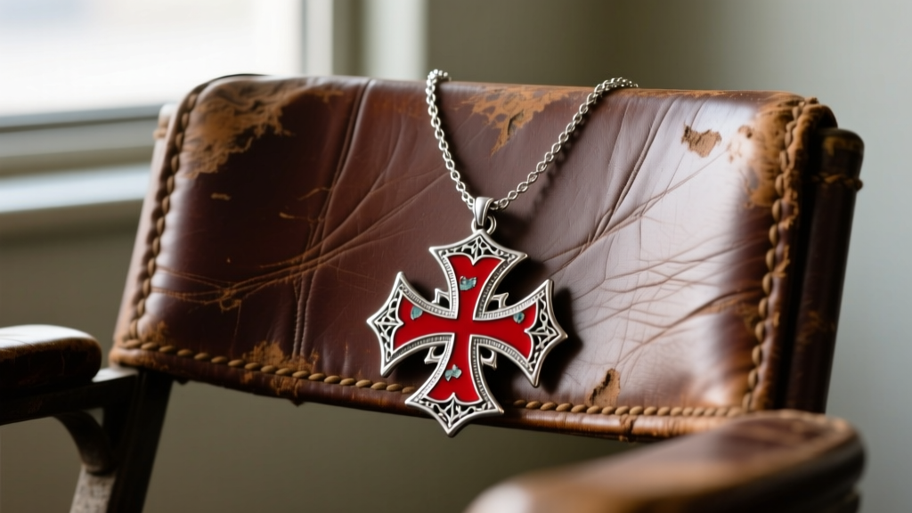 Tarnished sterling silver firefighter maltese cross necklace with chipped red enamel resting on a worn leather fire station chair