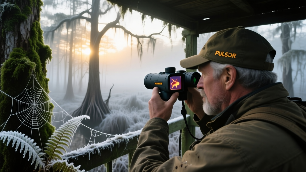 Hunter in elevated tree stand scanning dense cedar swamp timber with a Pulsar thermal monocular during early morning frost