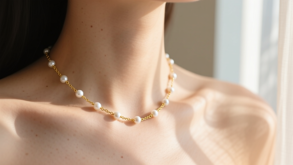 Close-up of a collarbone wearing a 20-gauge 14k gold dainty rosary necklace with 2mm white pearl stations in soft sunlight.