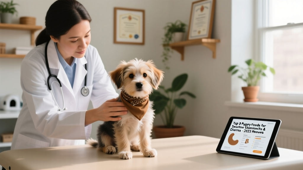 Veterinarian gently examining a calm, seated puppy during a wellness checkup