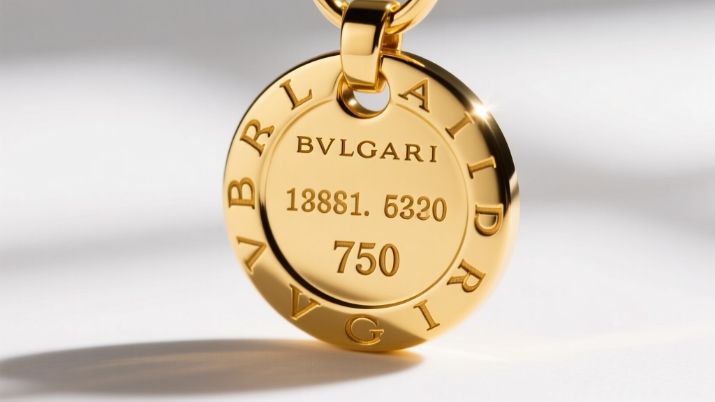 Close-up of the back of an 18k yellow gold Bvlgari pendant showing deep laser-engraved serial numbers and 750 gold hallmarks.
