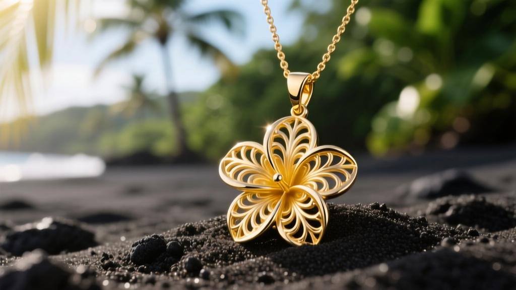 Close-up of 14k yellow gold Hawaiian plumeria flower necklace pendant resting on dark volcanic sand with soft tropical sunlight