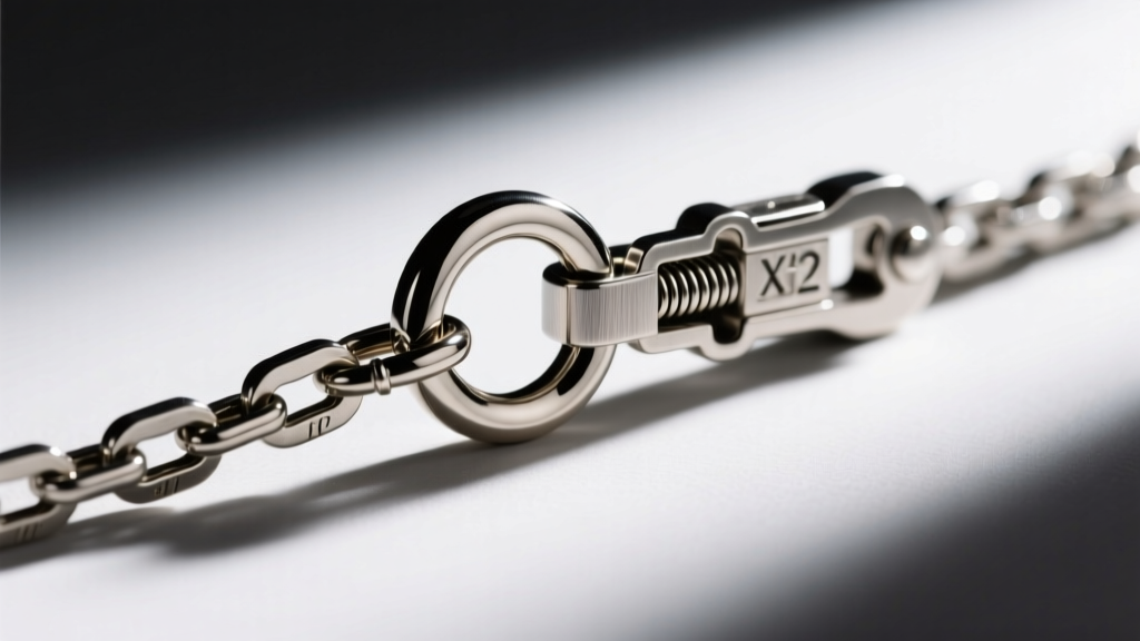 Extreme close-up of a 1mm box chain connecting to a two-name custom pendant, highlighting the structural jump ring and clasp