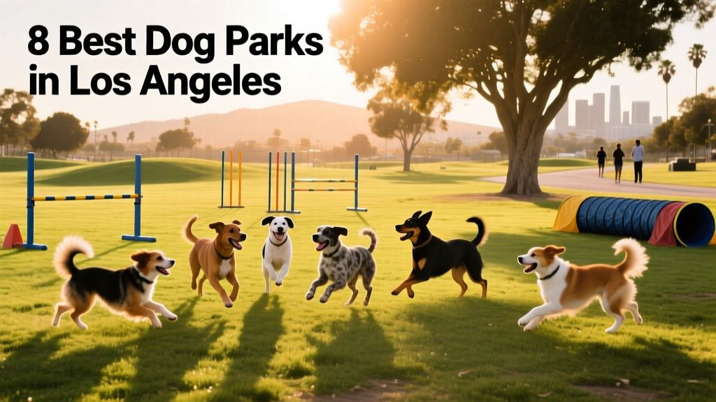 A group of dogs playing together in a sunny, open dog park with trees and agility equipment visible