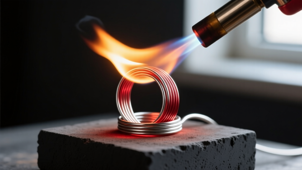 Butane torch heating coiled 20-gauge sterling silver wire to a dull cherry red for annealing on a dark charcoal soldering block.