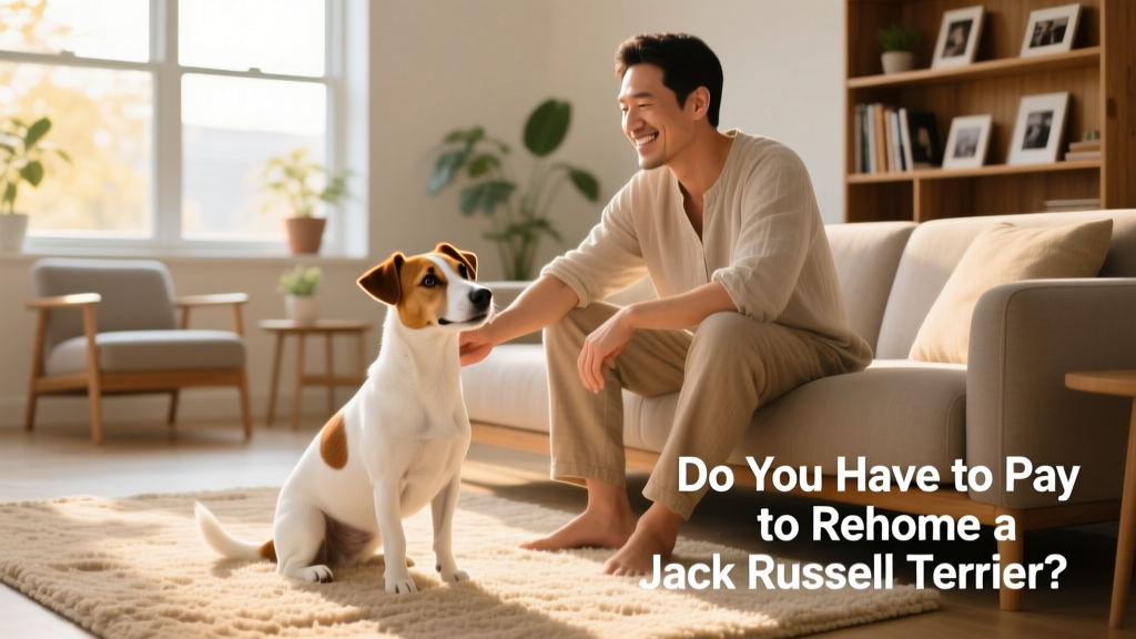 A friendly Jack Russell Terrier sitting beside a smiling adult in a sunlit living room
