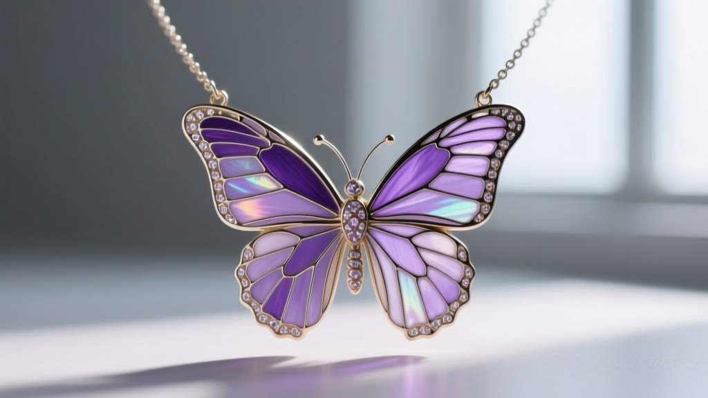 Macro shot of vitreous enamel purple butterfly necklace highlighting translucent plique-à-jour wings against a soft gray backdrop.