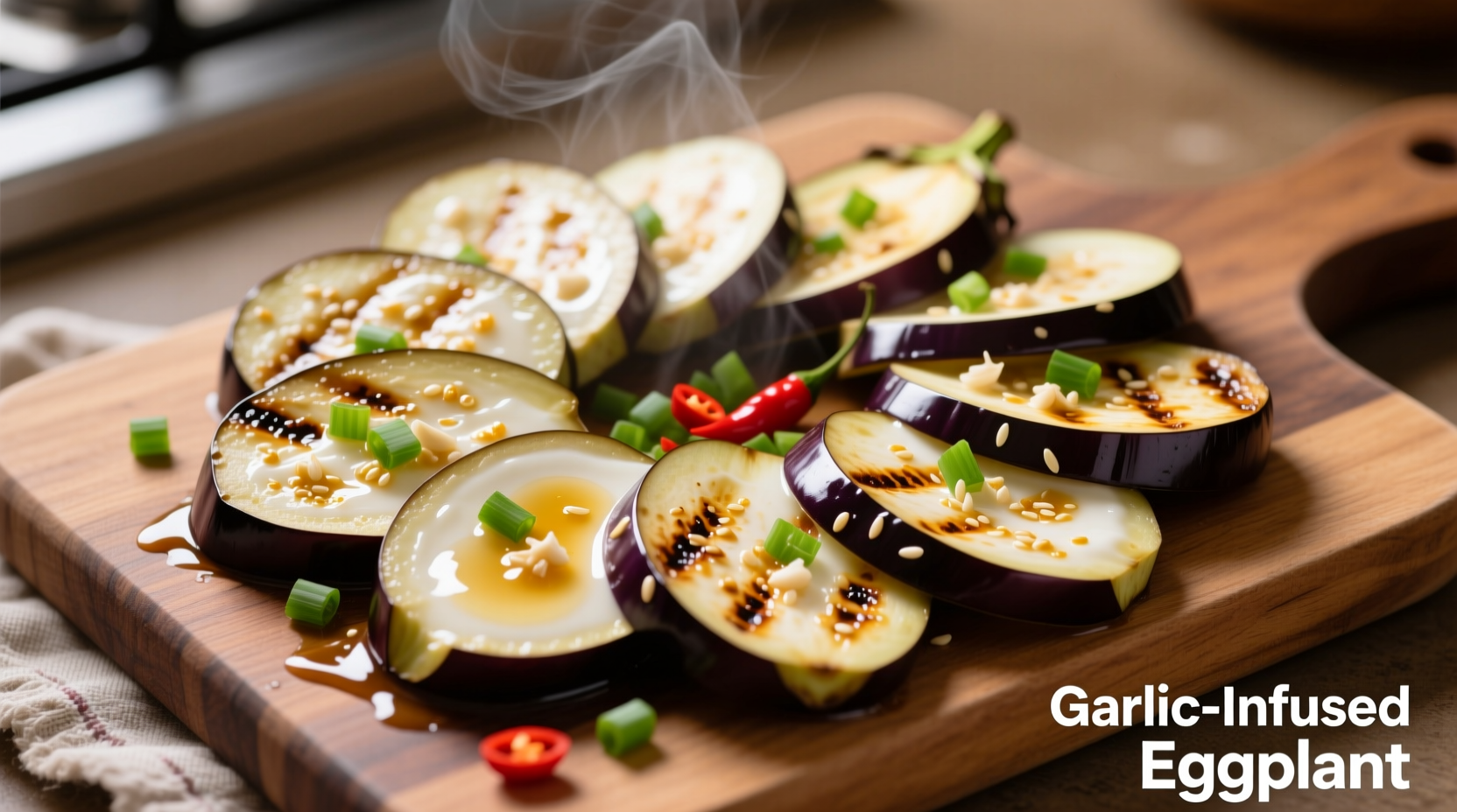 Fresh eggplant slices in garlic sauce