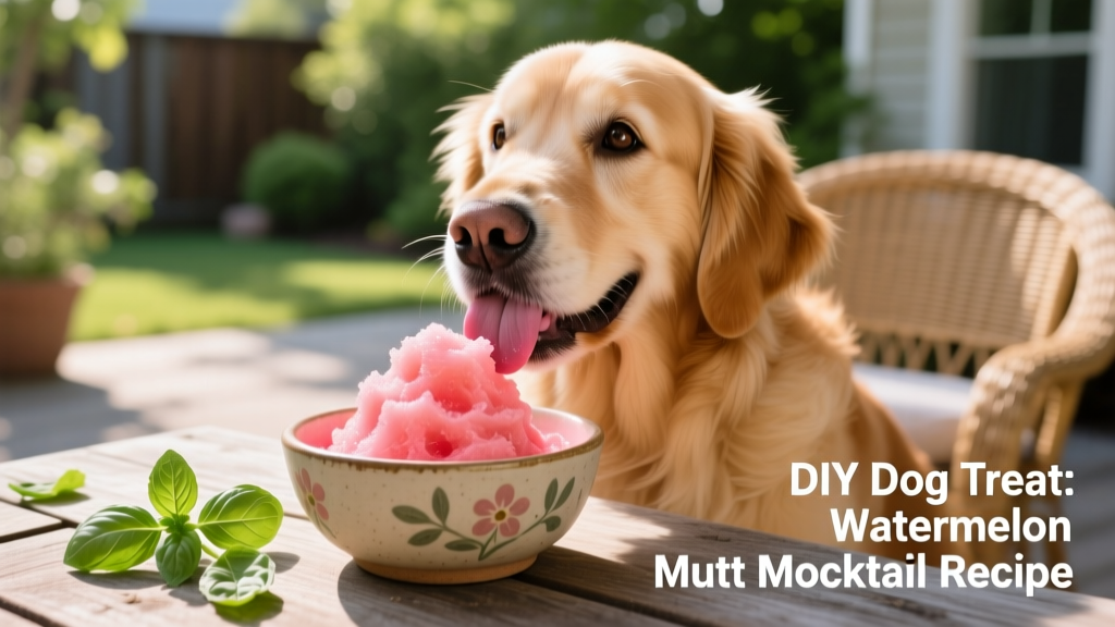 A dog happily licking a bright pink watermelon slushie from a shallow ceramic bowl