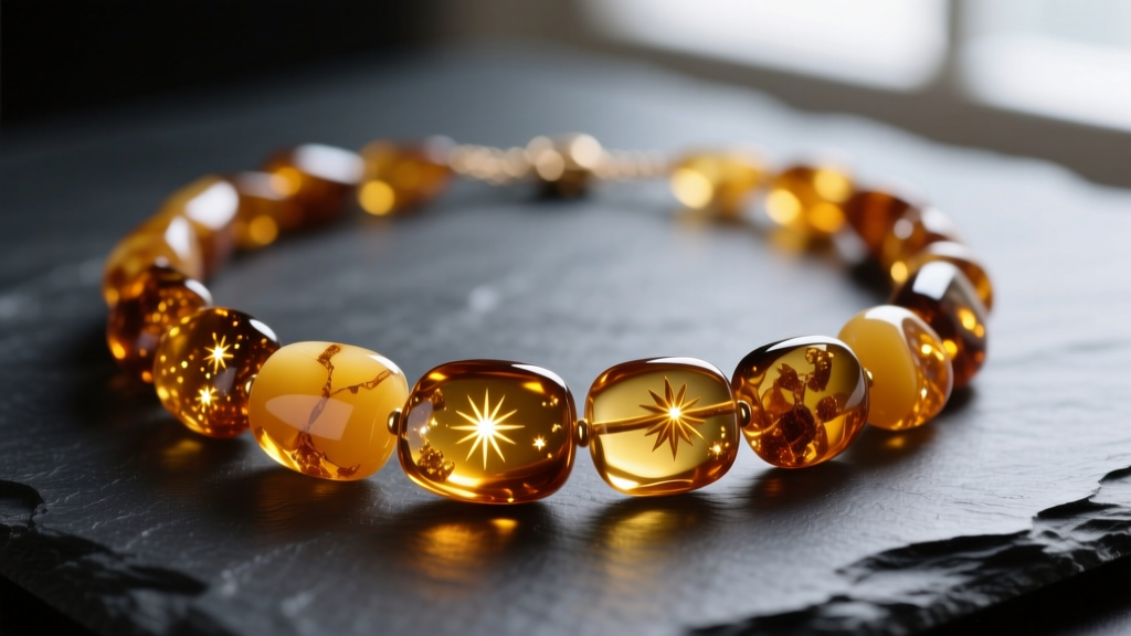 Macro shot of a genuine cognac Baltic amber necklace on dark slate, showcasing internal sun spangles and natural clarity variations