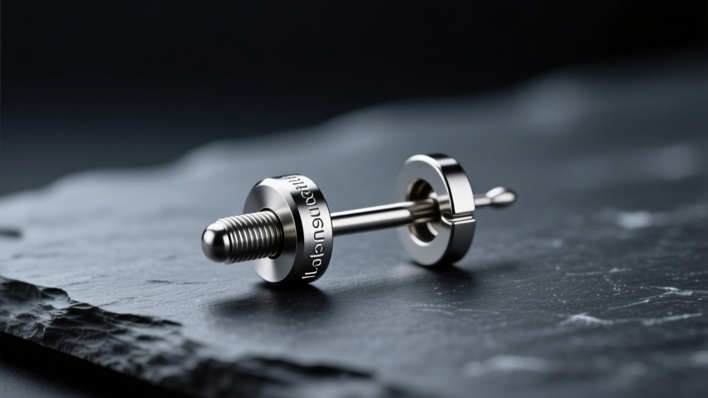 Macro shot of a 20-gauge titanium earring post and La Pousette locking back resting on dark slate under bright studio lighting