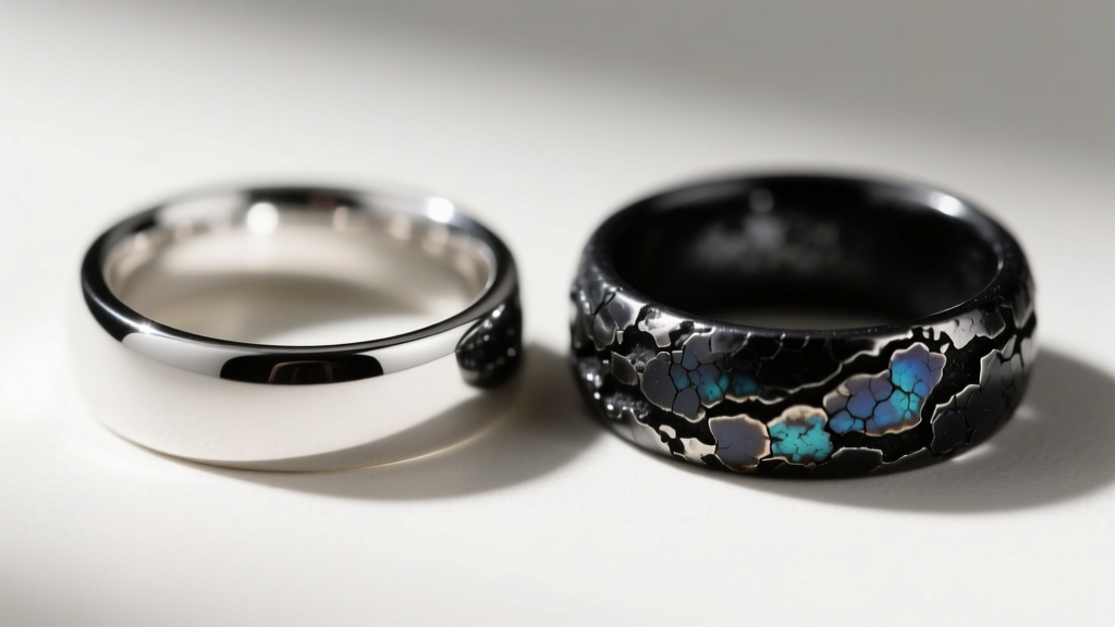 Macro shot comparing a polished sterling silver ring next to a blackened silver ring showing deep sulfide patina and dark oxidation
