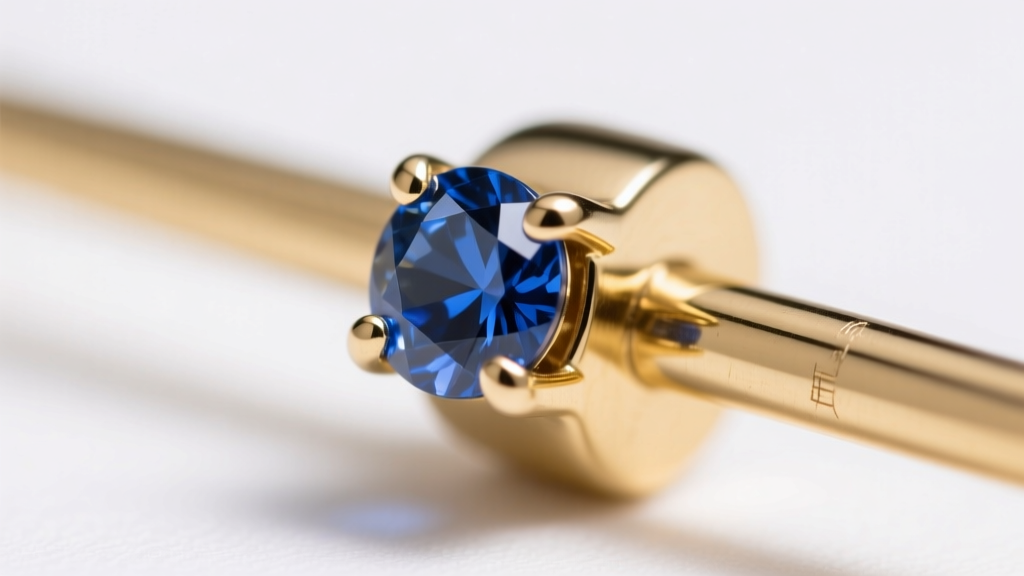 Extreme close-up of a micro-prong setting on a fine piercing circular barbell, showing a loose 2mm sapphire catching the light