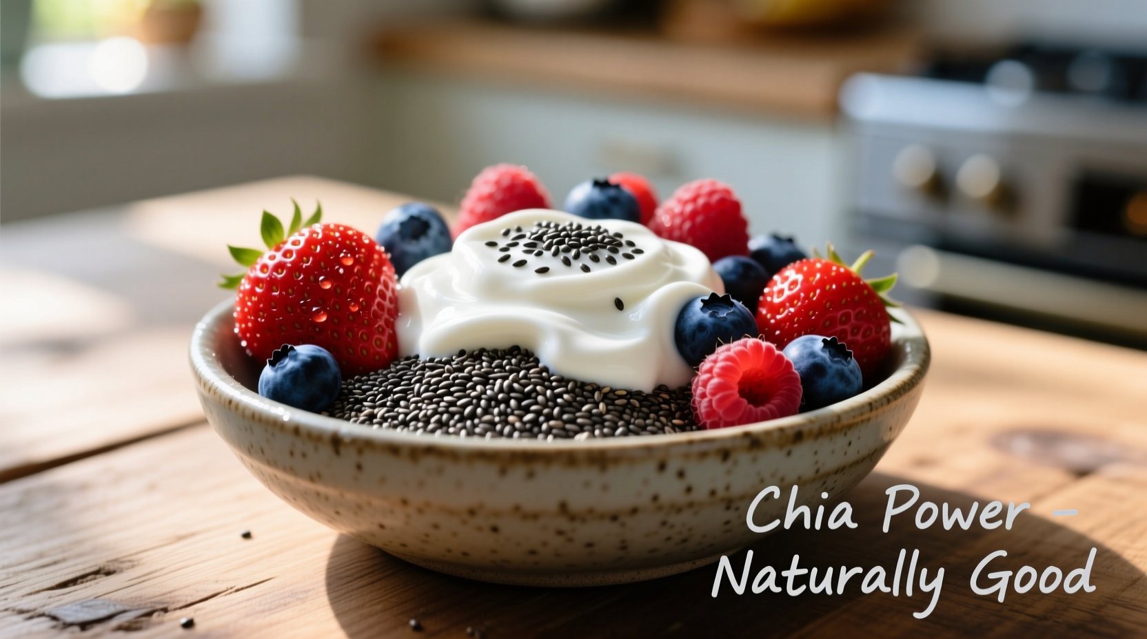 Chiasamen in Schüssel mit Beeren und Joghurt von oben