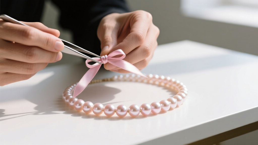 Jeweler hands using tweezers to tie silk knots between round blush pink pearls for a three strand pearl necklace assembly on desk