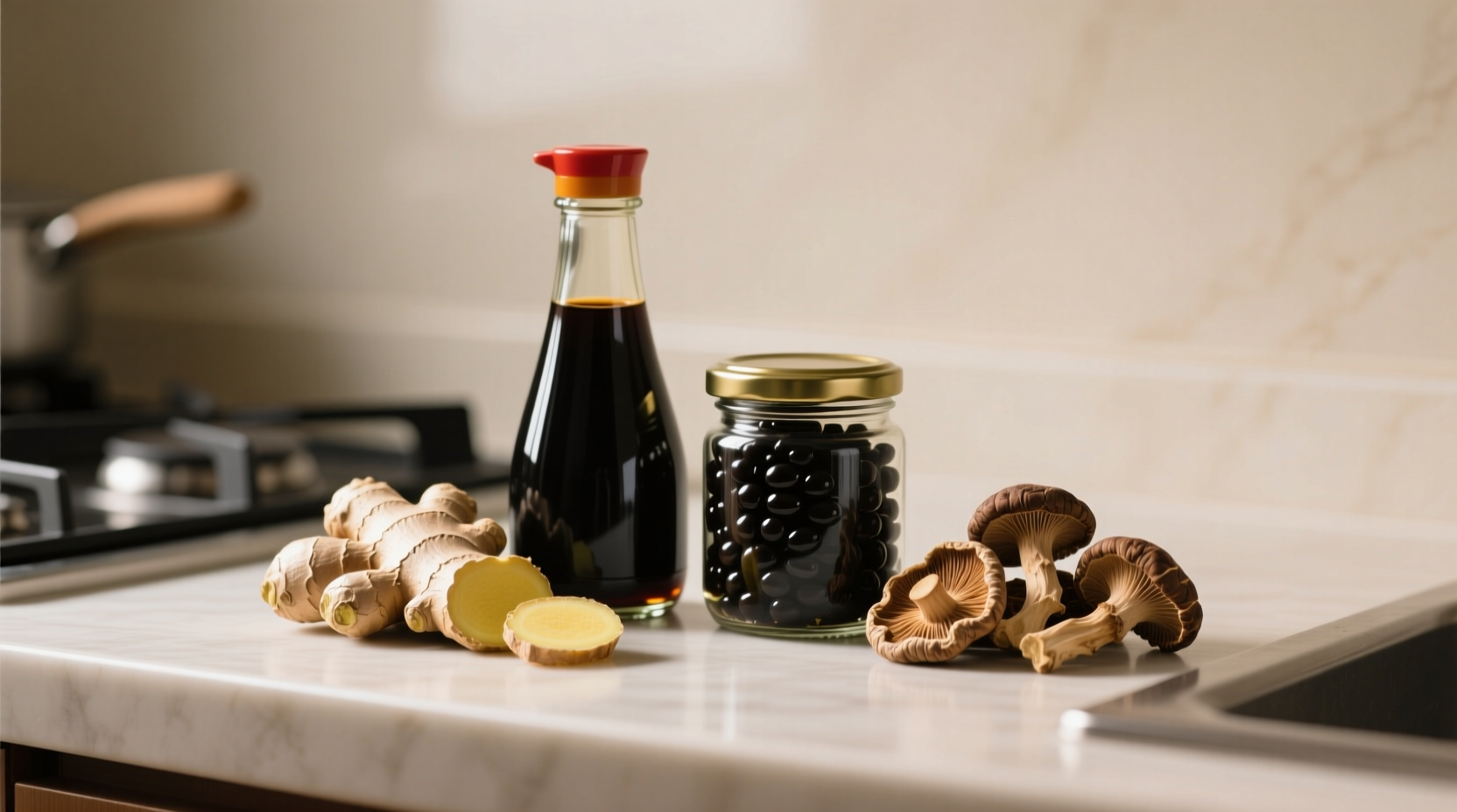 Hand holding soy sauce bottle next to fresh ginger root and garlic cloves