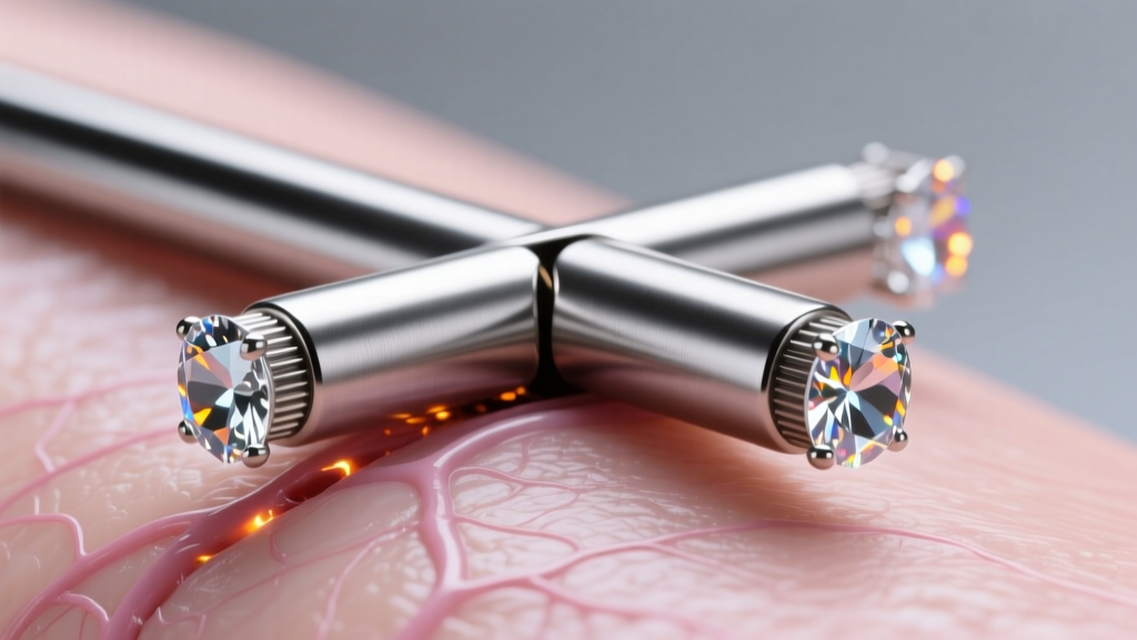 Macro shot of titanium surface bar with threadless gem ends emerging from healed symmetrical back skin under soft studio lighting