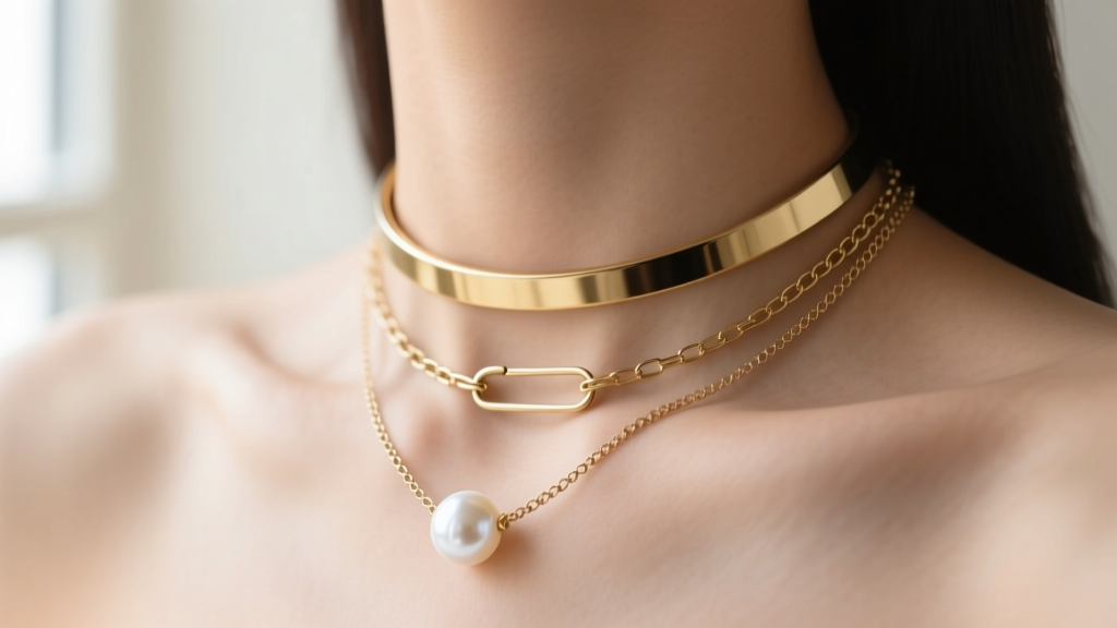 Close-up of a collarbone showing a necklace necklace necklace stack with a gold choker, paperclip chain, and pearl.