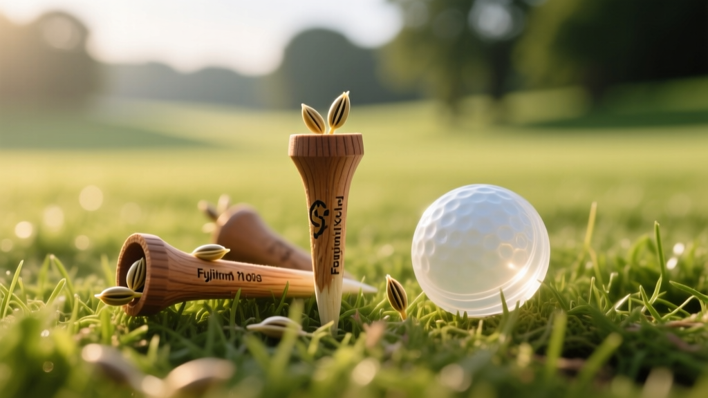 Close-up of biodegradable golf tees embedded with wildflower seeds resting on natural turf next to a recycled plastic ball marker.