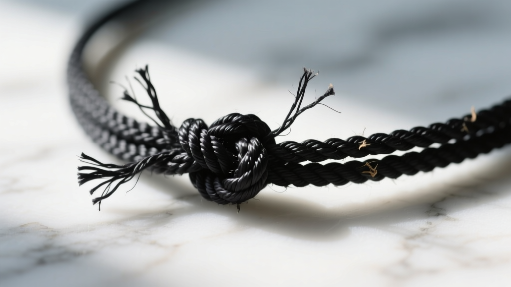 Close-up of a frayed black waxed cotton slip knot necklace cord showing unraveling fibers against a soft blurred marble background