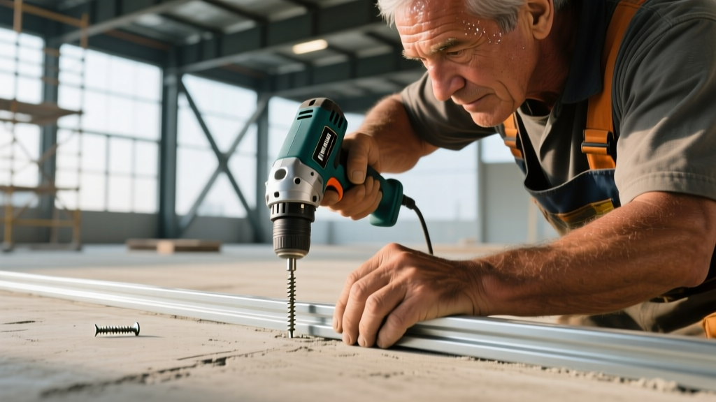 Close-up of a construction worker installing 54-mil load-bearing light-gauge metal studs with self-drilling screws on a commercial concrete slab