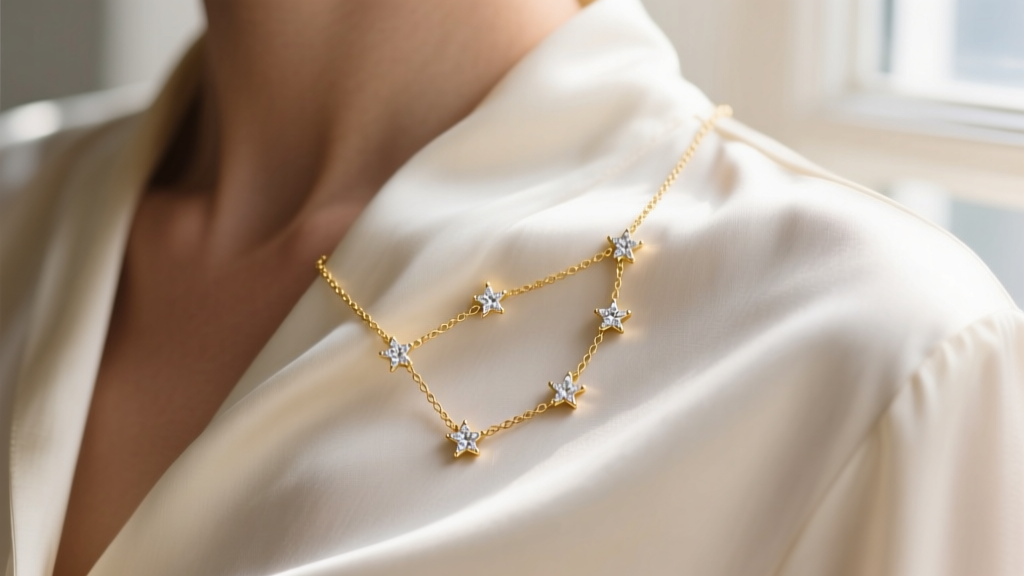 Close-up of a 14k gold Virgo constellation necklace on a silk blouse, soft window light highlighting tiny diamond stars.